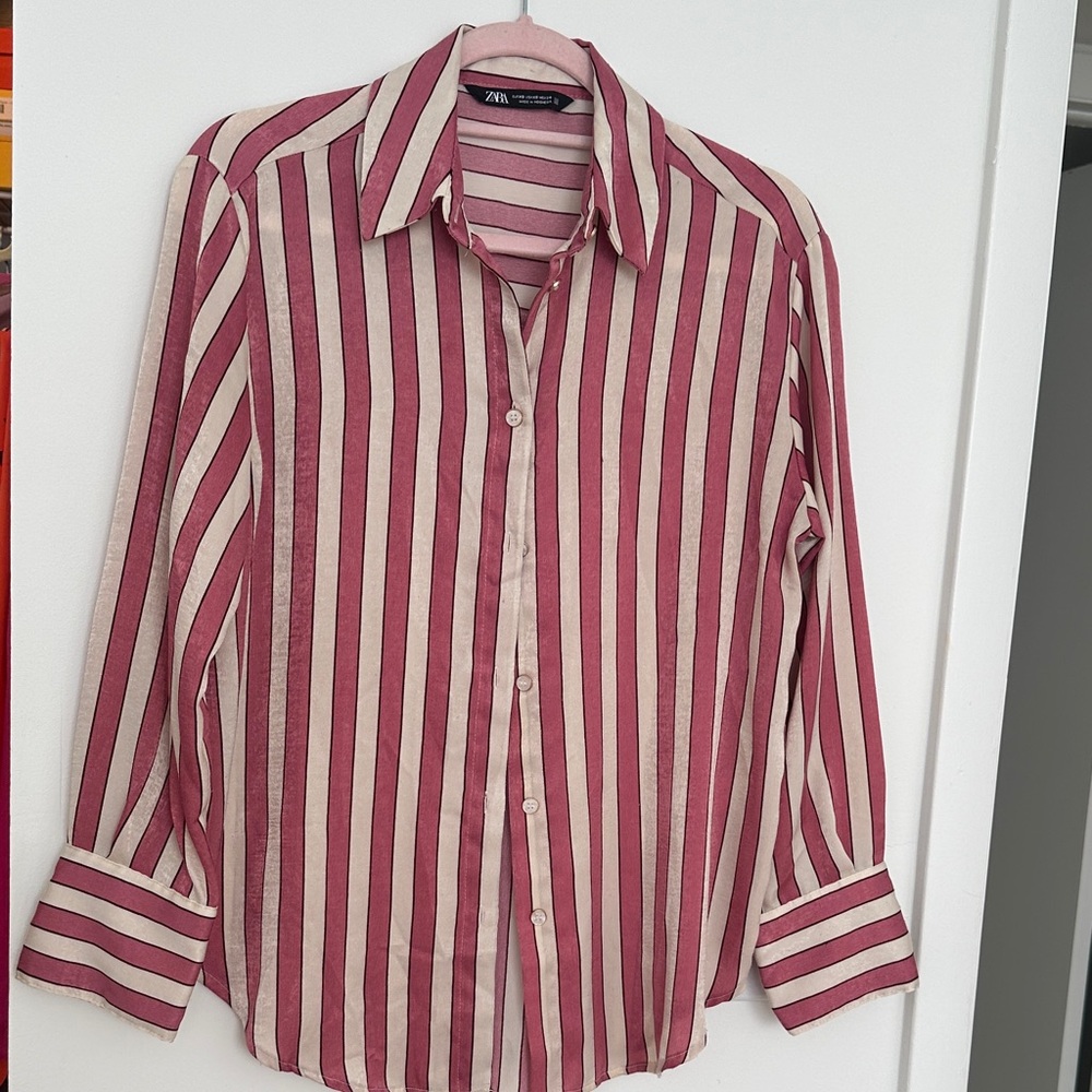 Zara Burgundy and Cream Striped Blouse